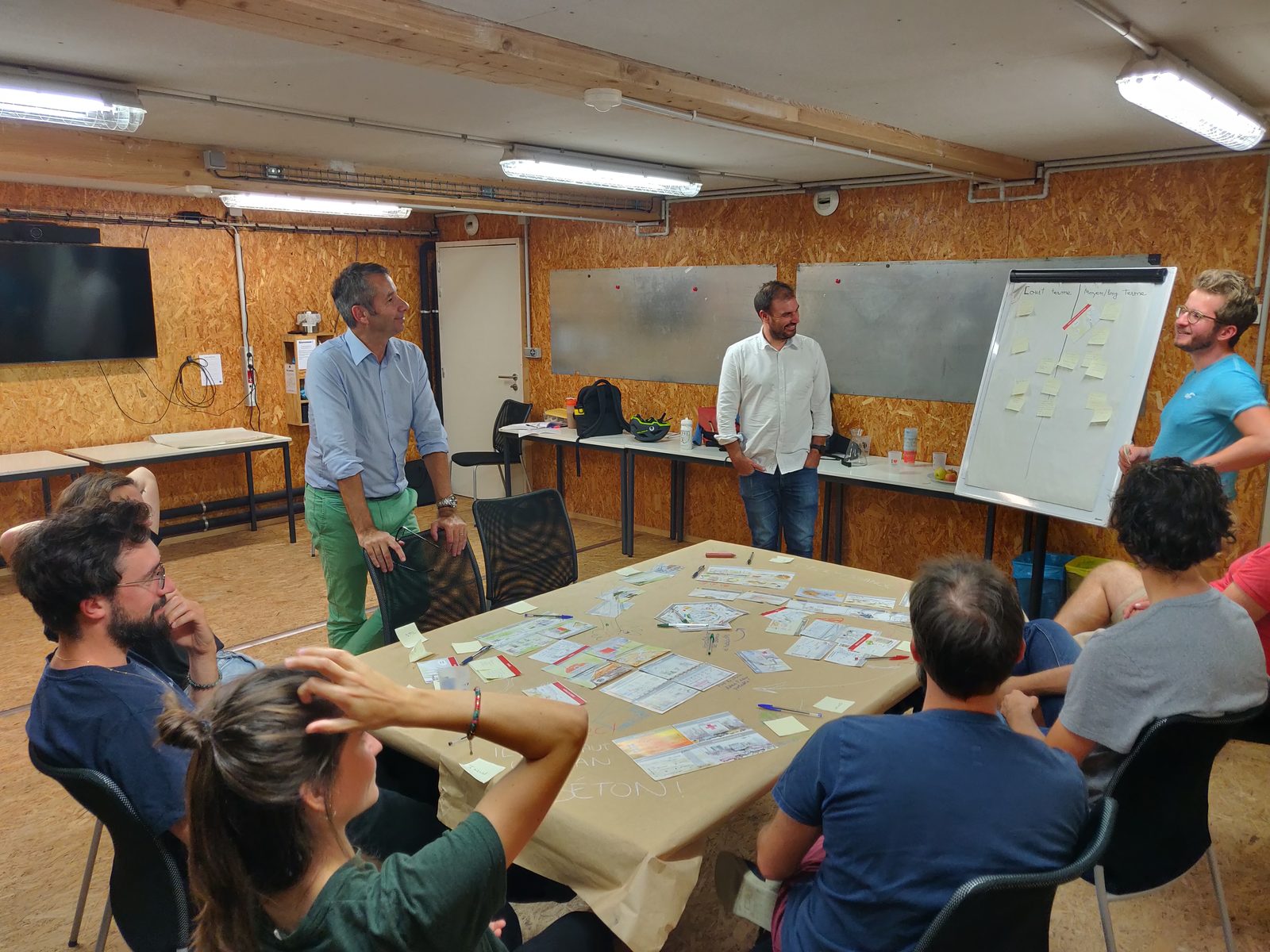 Frédéric Toulouse et les participants d'un atelier Fresque de la Construction, devant le tableau des pistes d'action à court et moyen terme