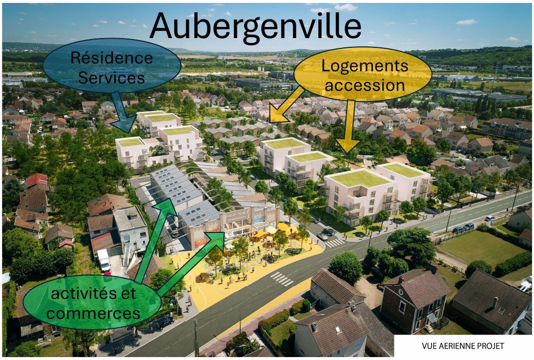 Vue aérienne du projet global d'Aubergenville : résidence services, logements en accession, activités et commerces
