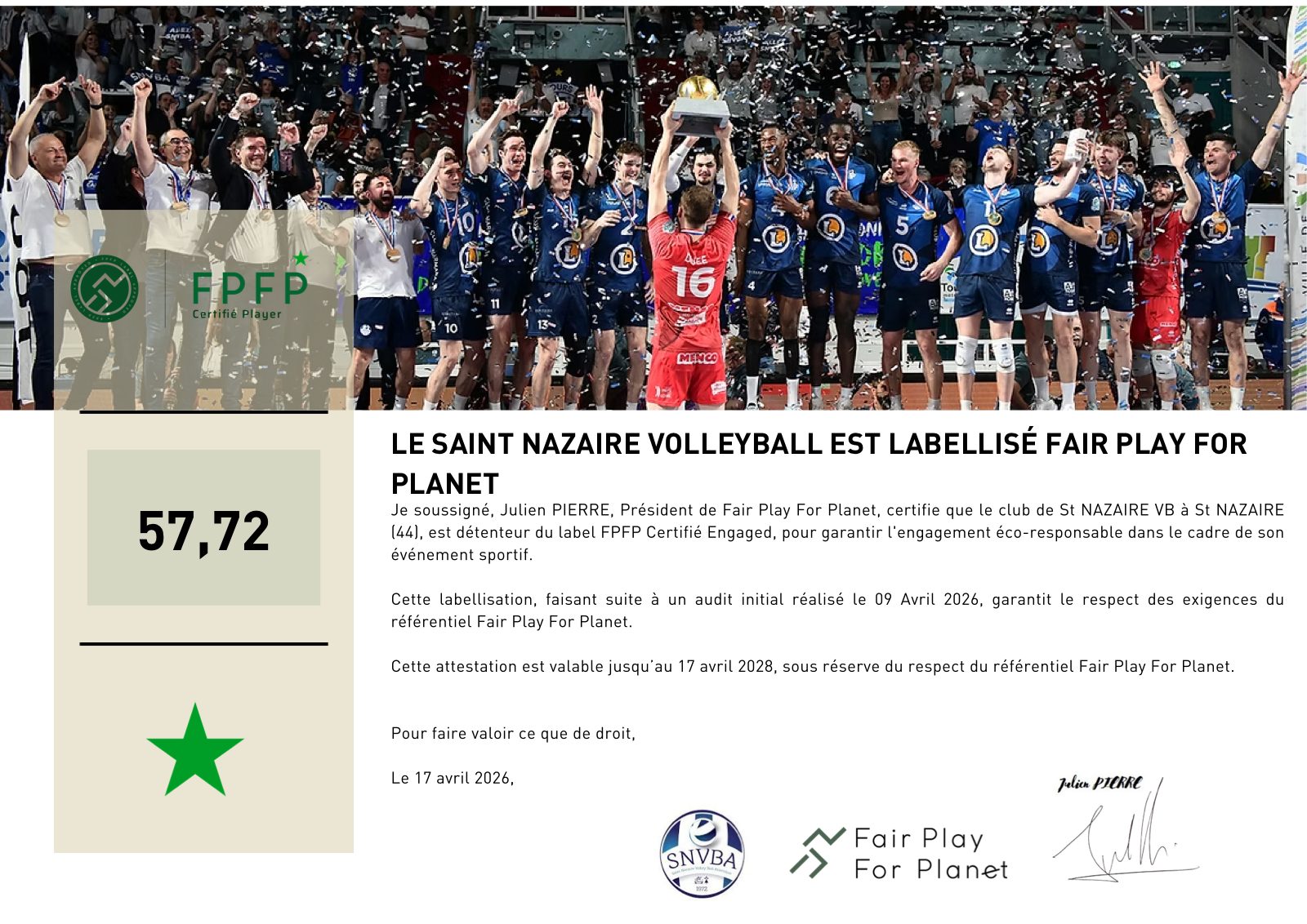 Attestation de labellisation Fair Play For Planet du Saint-Nazaire Volley-Ball Atlantique, une étoile, score de 57,72