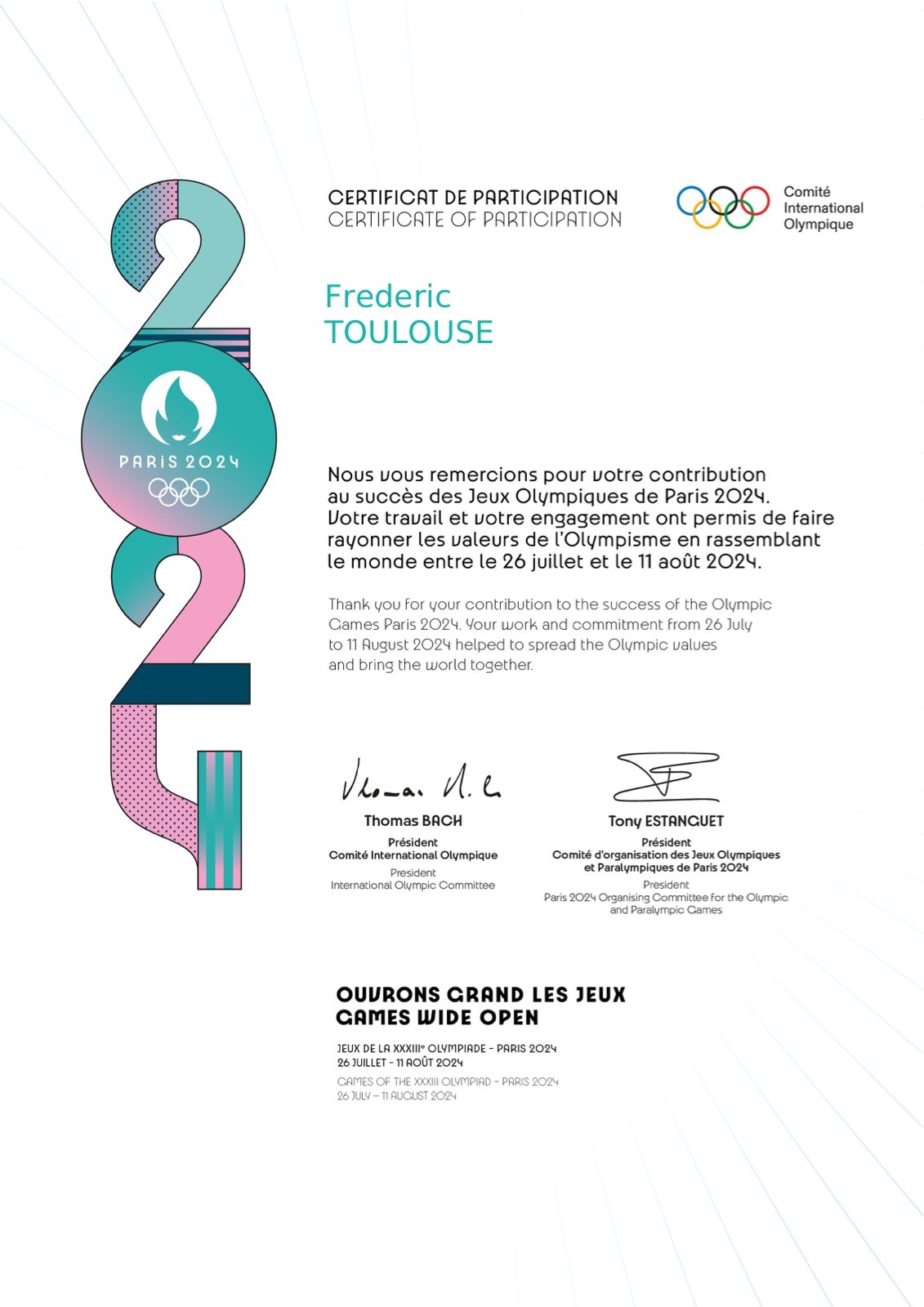 Certificat de participation, Jeux Olympiques de Paris 2024 Certificat de participation aux Jeux Olympiques de Paris 2024 remis à Frédéric Toulouse