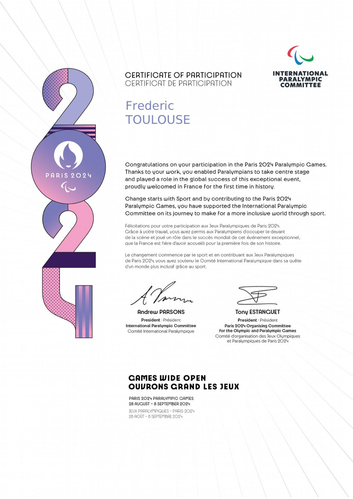 Certificat de participation aux Jeux Paralympiques de Paris 2024 remis à Frédéric Toulouse