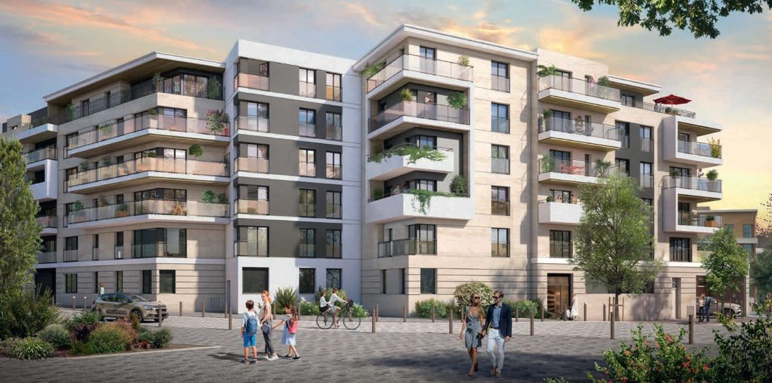 Perspective de l'opération Cascade à Châtenay-Malabry : immeubles de logements à façades claires et balcons
