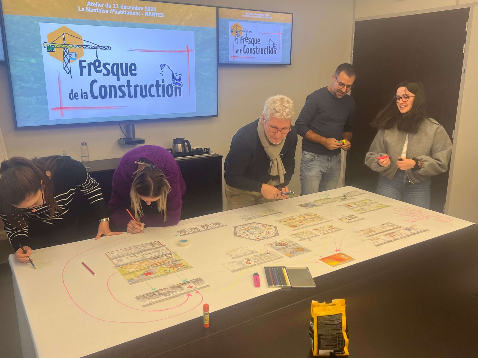La Nantaise d'Habitations construit sa fresque, FedeA Participants dessinant les liens entre les cartes de la Fresque de la Construction sur une nappe blanche