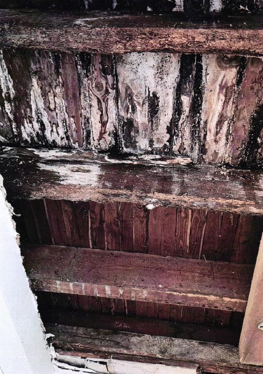 Plancher endommagé par un dégât des eaux, immeuble ancien à Nantes Solives et plancher en bois noircis et attaqués par l'humidité après un dégât des eaux