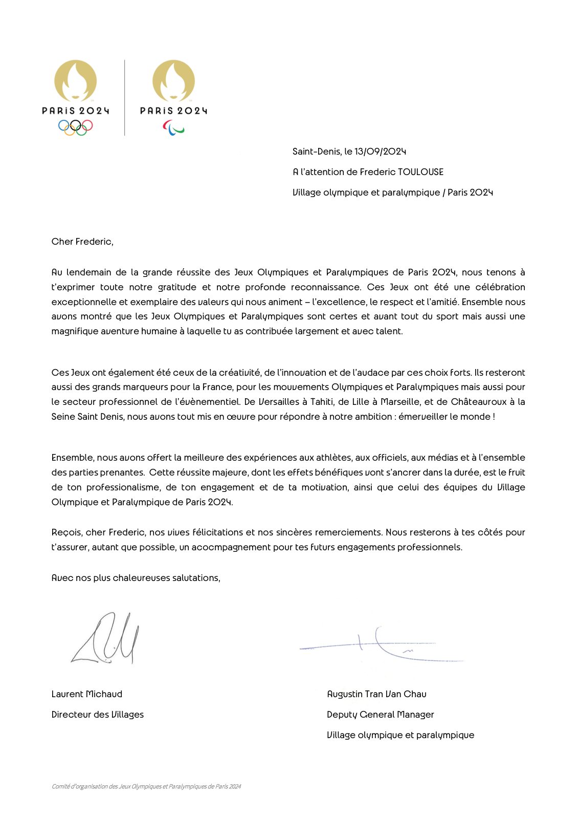 Lettre de remerciement du 13 septembre 2024 adressée à Frédéric Toulouse par la direction du Village olympique et paralympique