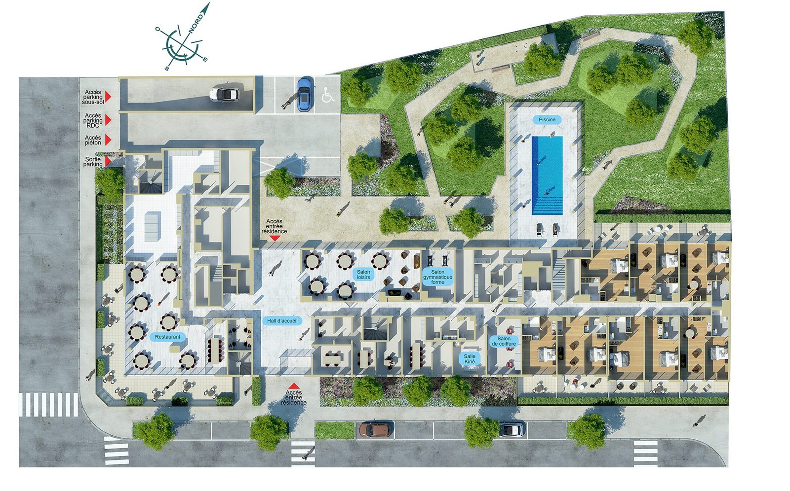 Plan illustré du rez-de-chaussée de la résidence : restaurant, hall d'accueil, salons, piscine et jardin